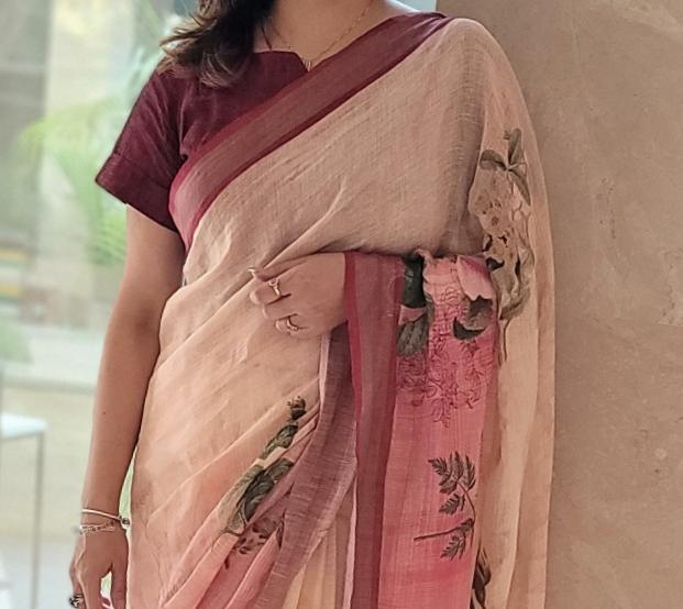 Peach and off white Floral print linen saree