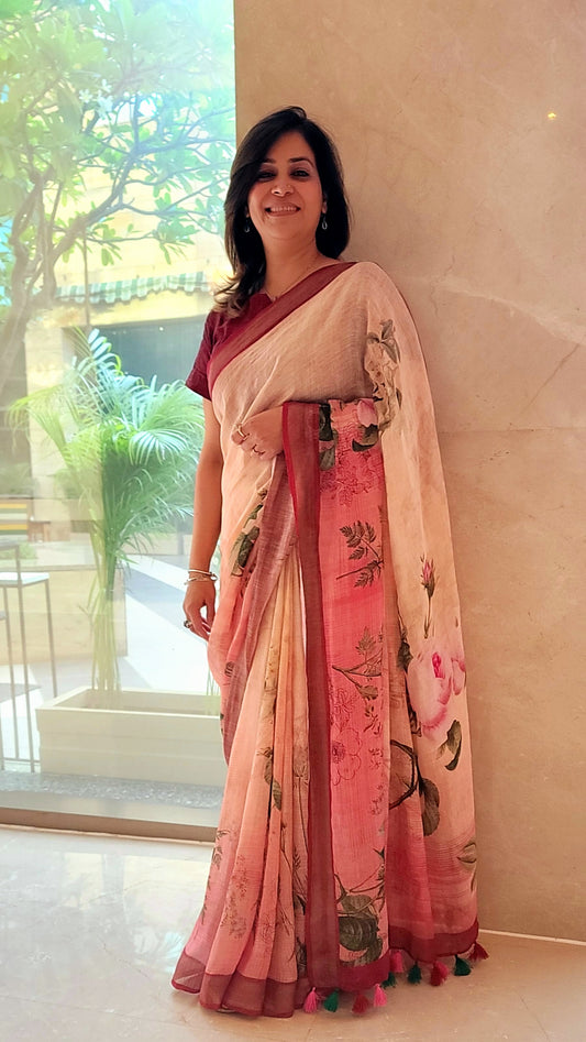 Peach and off white Floral print linen saree