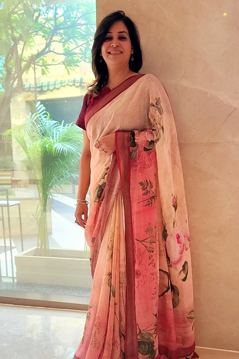 Peach and off white Floral print linen saree