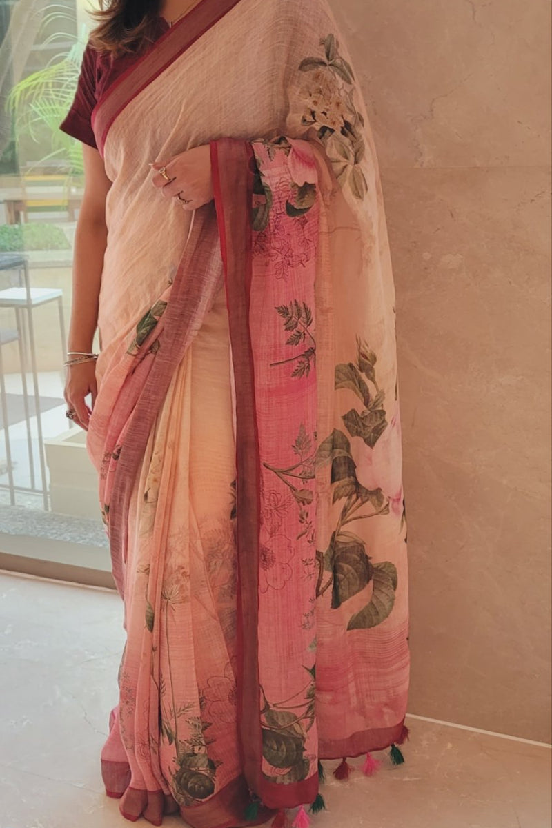 Peach and off white Floral print linen saree