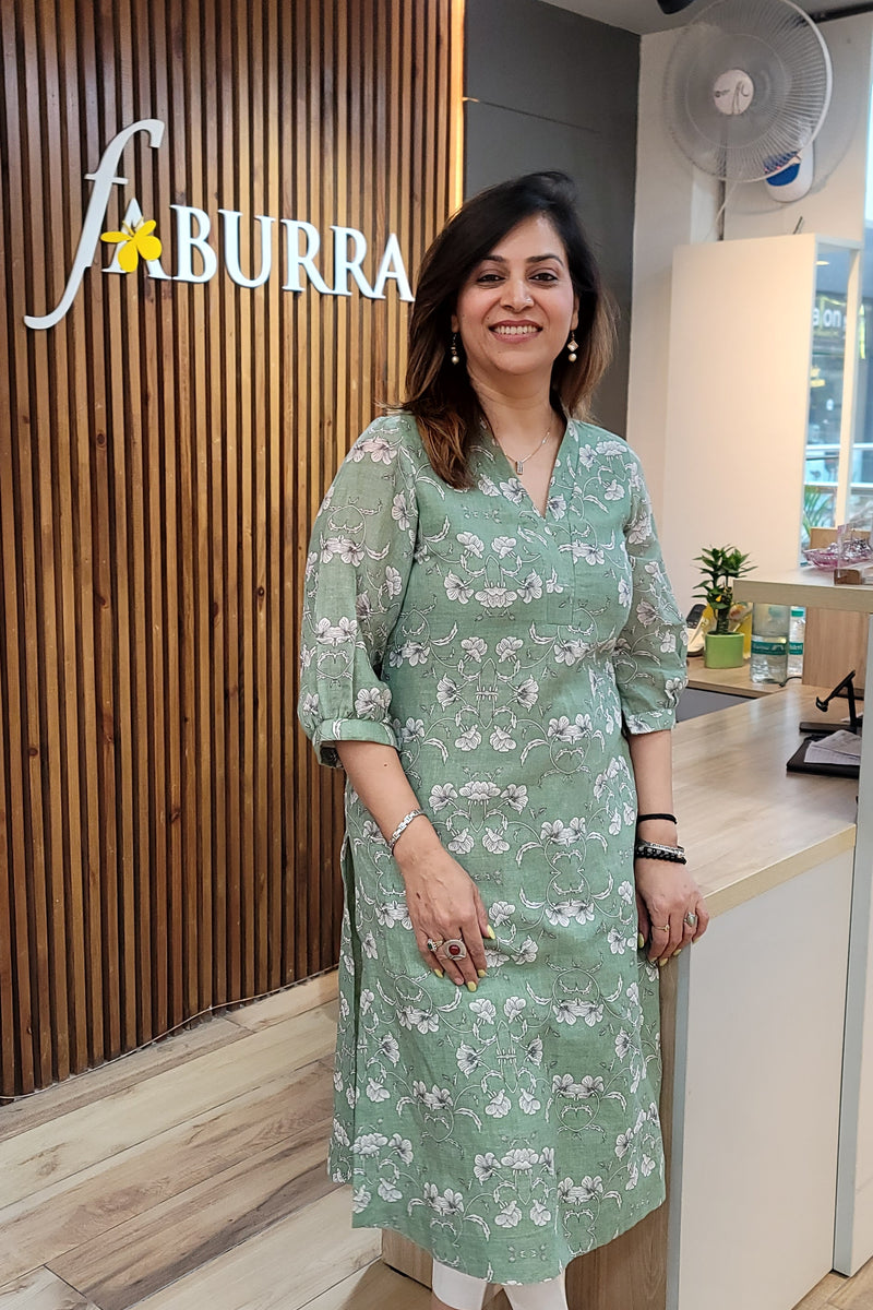 Pista Green Printed Linen Kurta