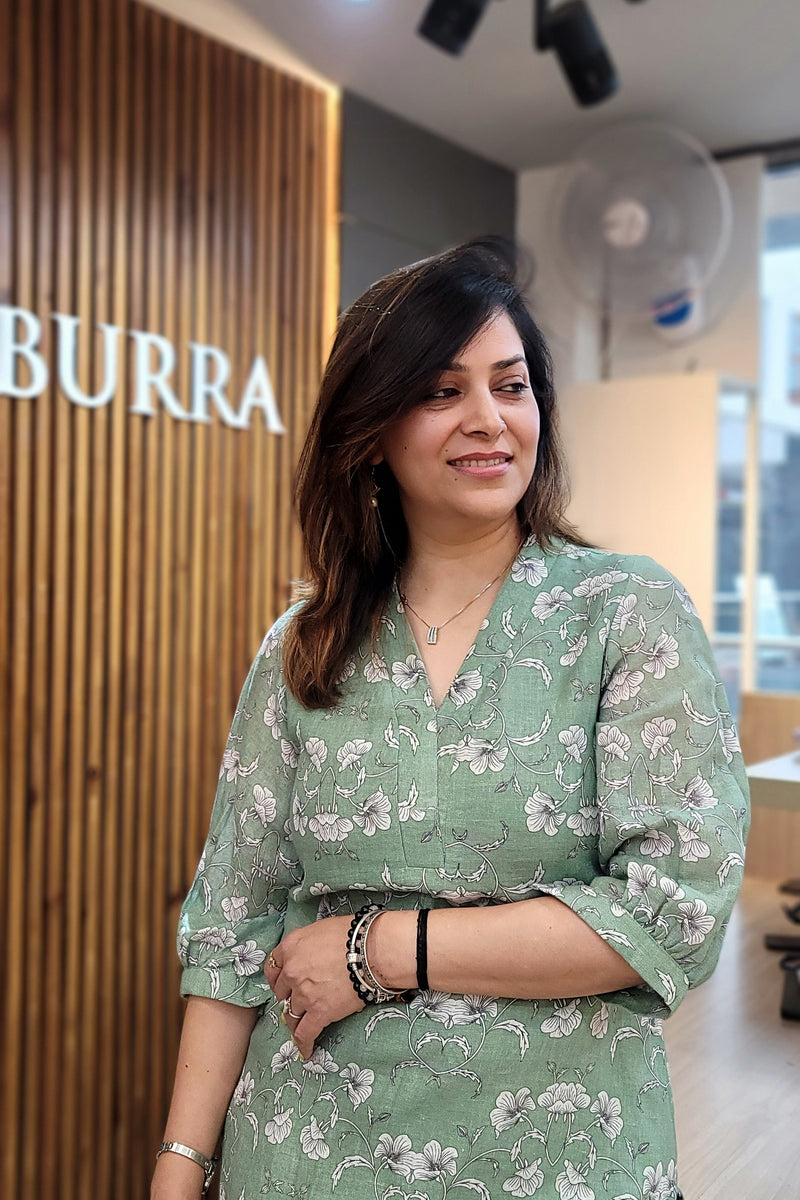 Pista Green Printed Linen Kurta