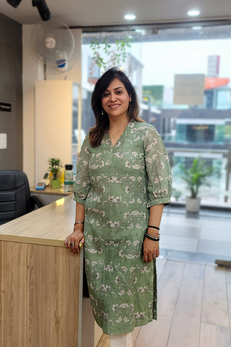 Pista Green Printed Linen Kurta