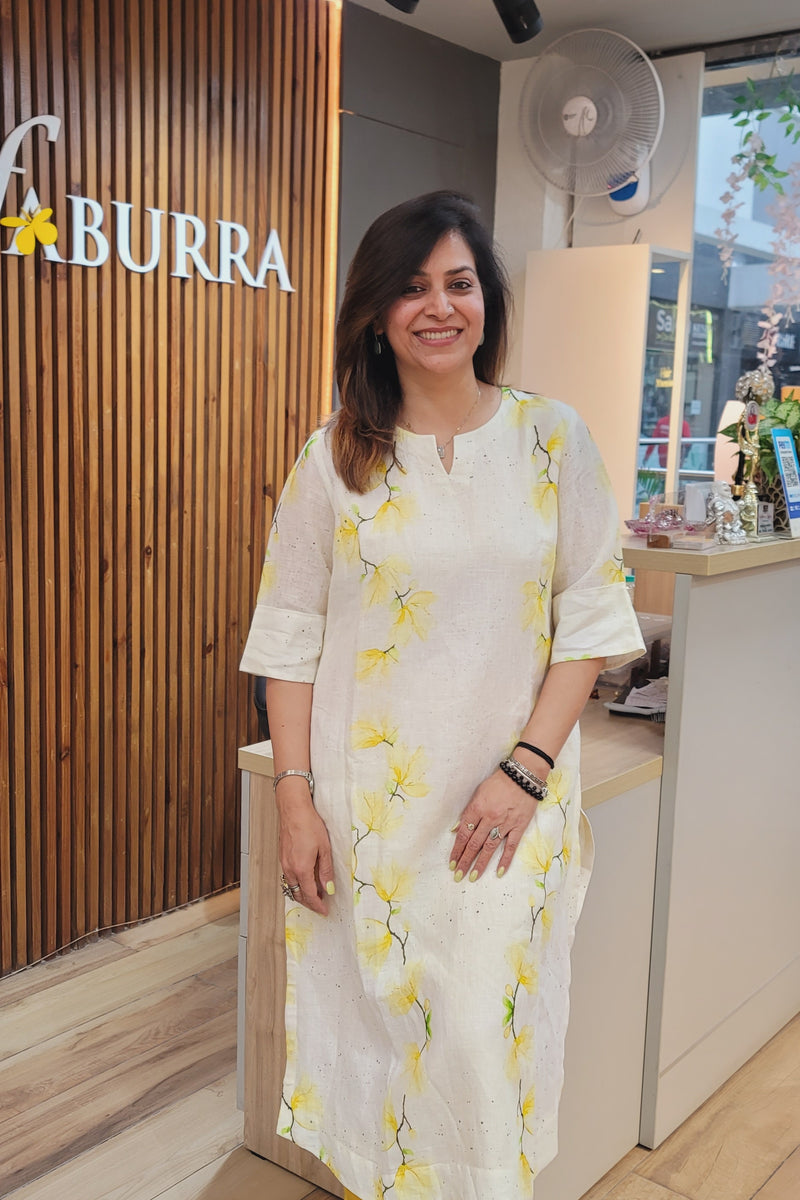Lemon and Off White Printed Linen Kurta With Thin Cotton Lining