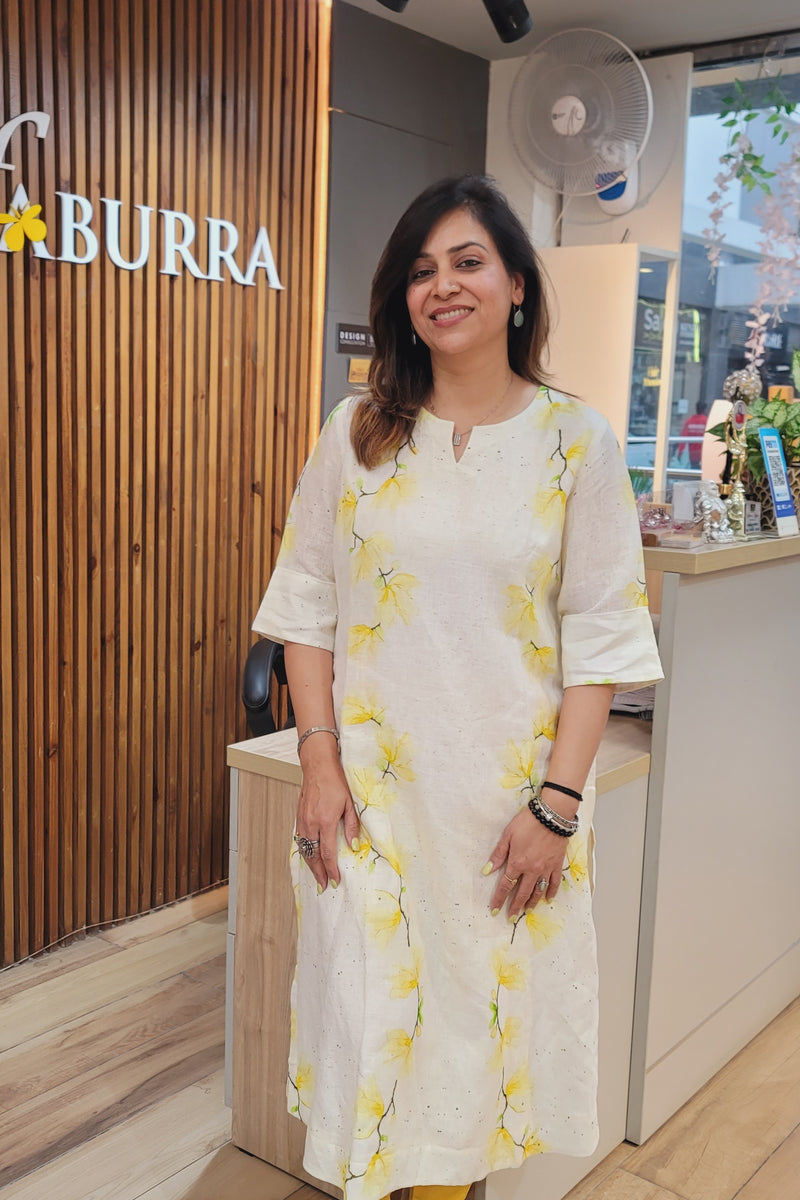 Lemon and Off White Printed Linen Kurta With Thin Cotton Lining