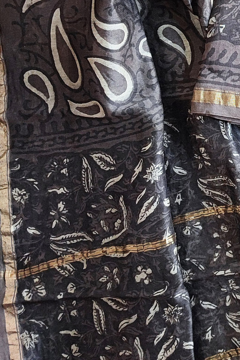 Grayish Brown Chanderi Silk Suits with Vanaspati Prints