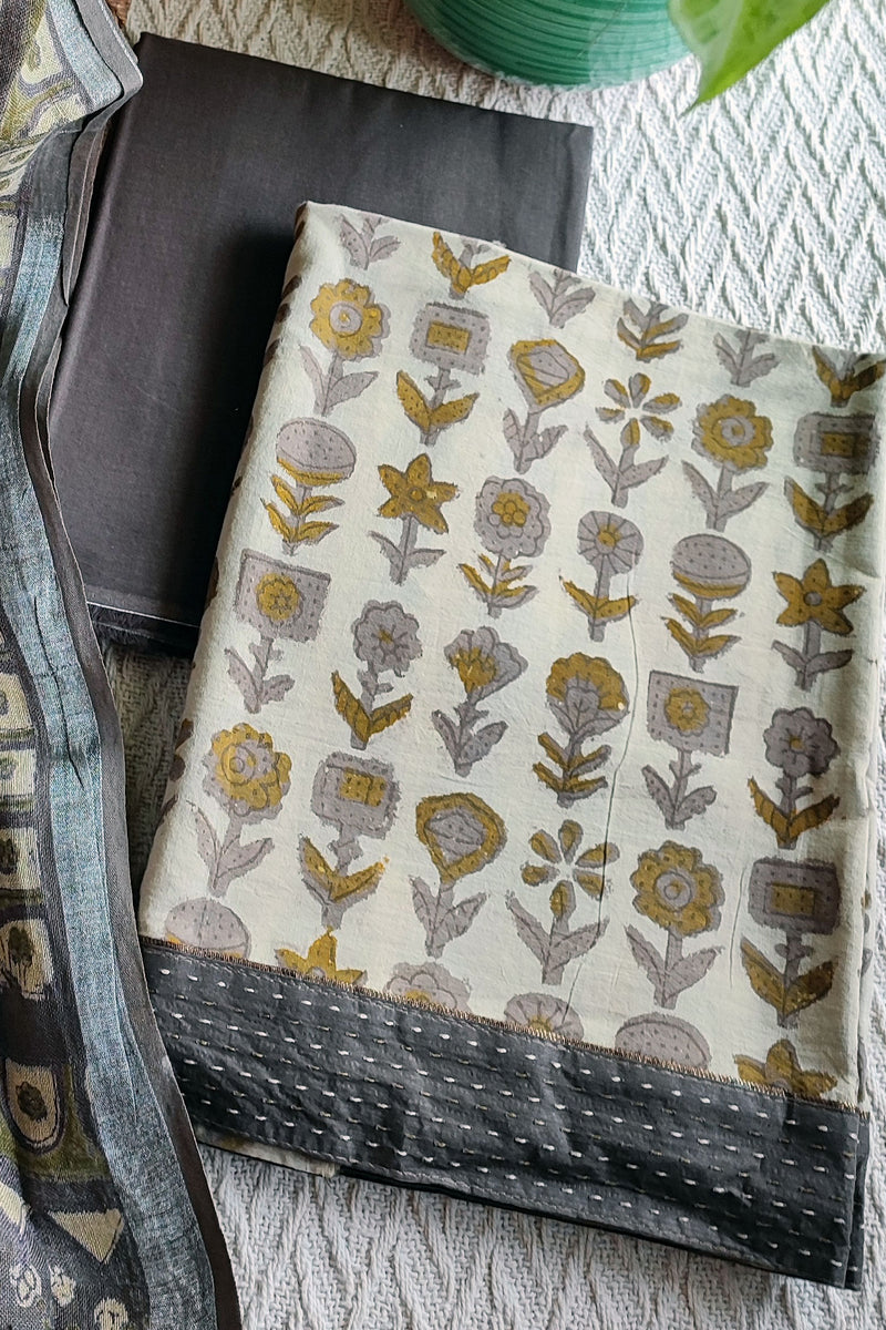 Dark Gray Vanaspati Cotton Suit Set with Linen Dupatta
