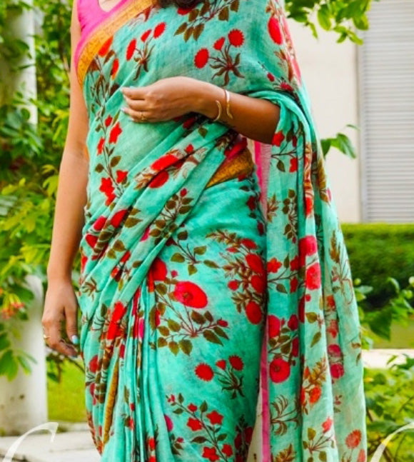 Sea Green Pure Linen Saree with Floral Print With Contrasting Blouse