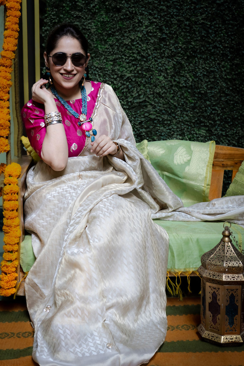 Off White Tissue Crepe Silk Saree with Heavy Handwork