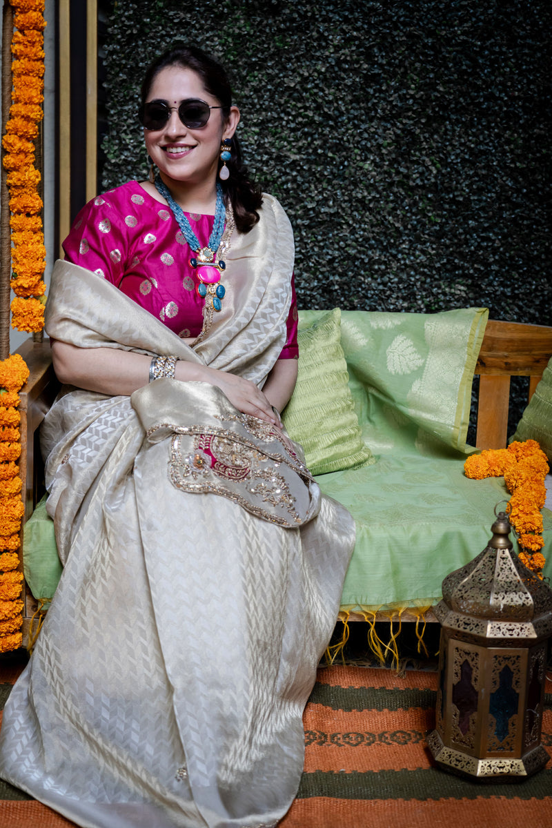 Off White Tissue Crepe Silk Saree with Heavy Handwork