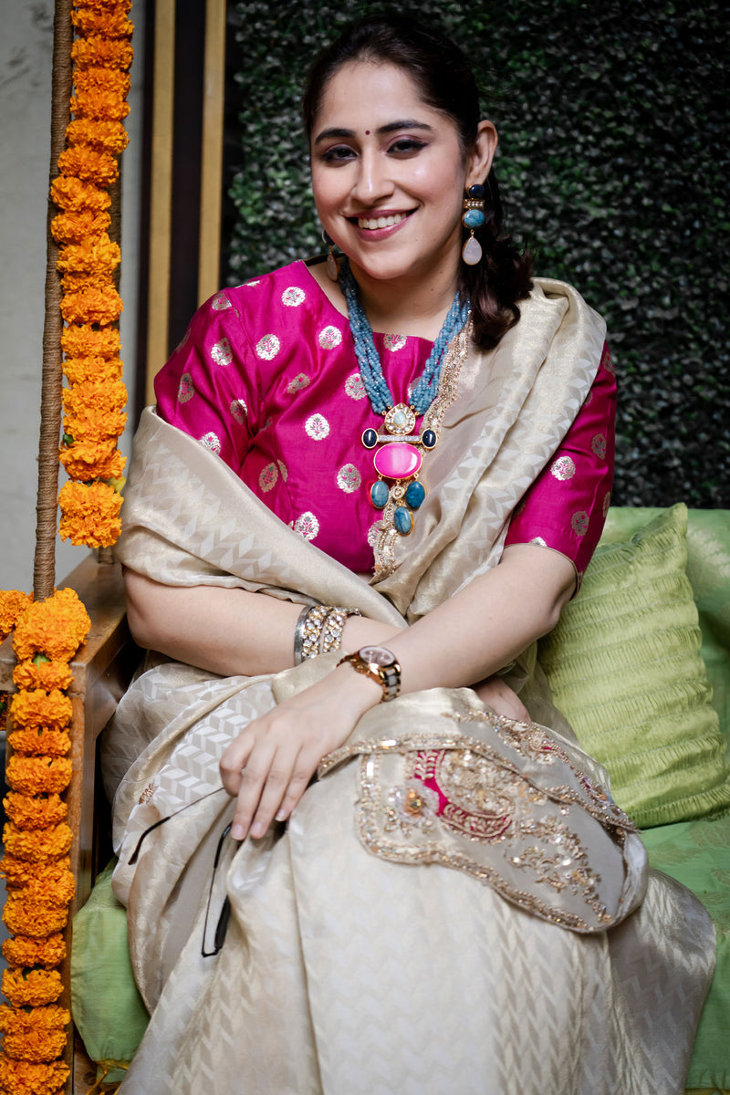 Off White Tissue Crepe Silk Saree with Heavy Handwork