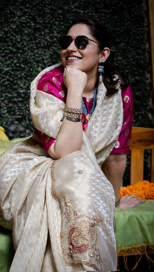 Off White Tissue Crepe Silk Saree with Heavy Handwork
