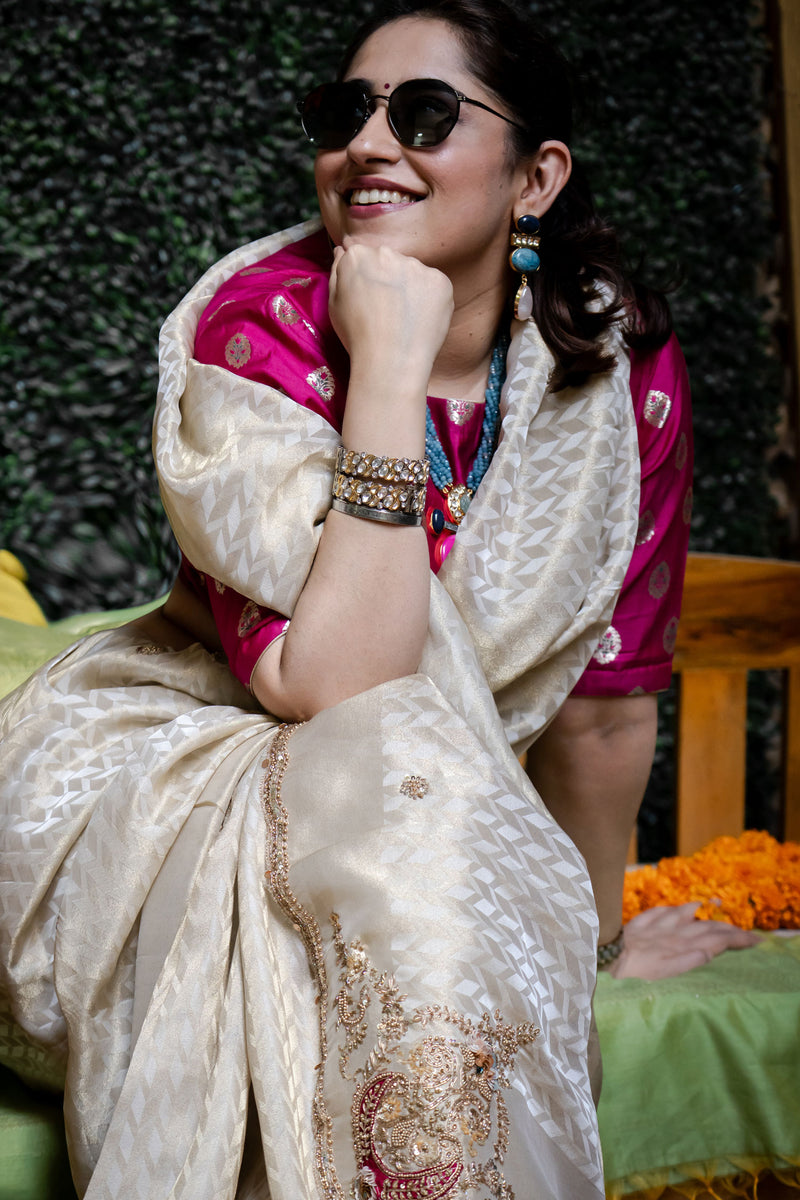 Off White Tissue Crepe Silk Saree with Heavy Handwork