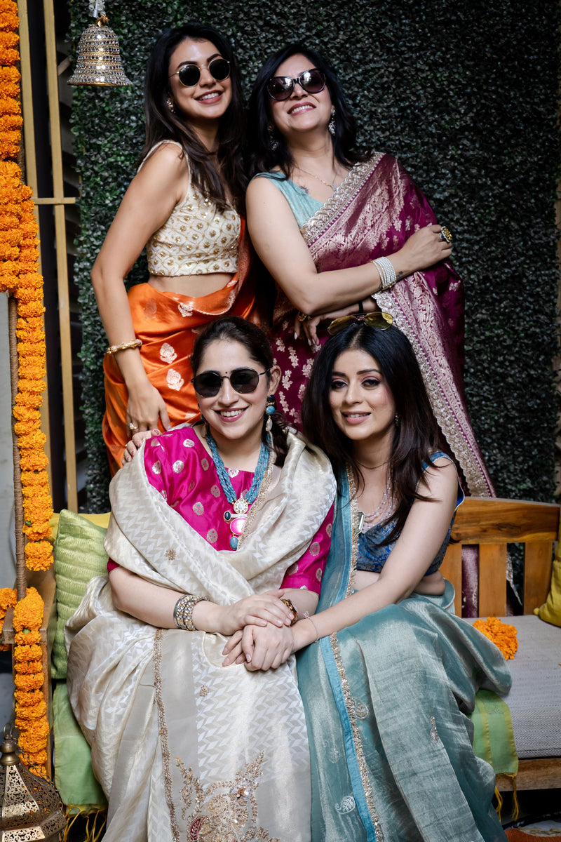 Off White Tissue Crepe Silk Saree with Heavy Handwork