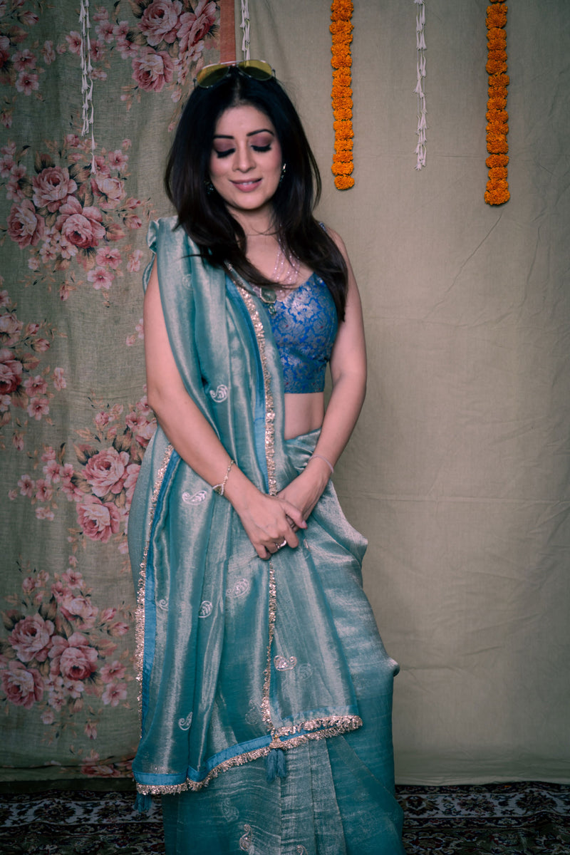 Light Aqua Blue Crushed Tissue Organza Saree with Handwork