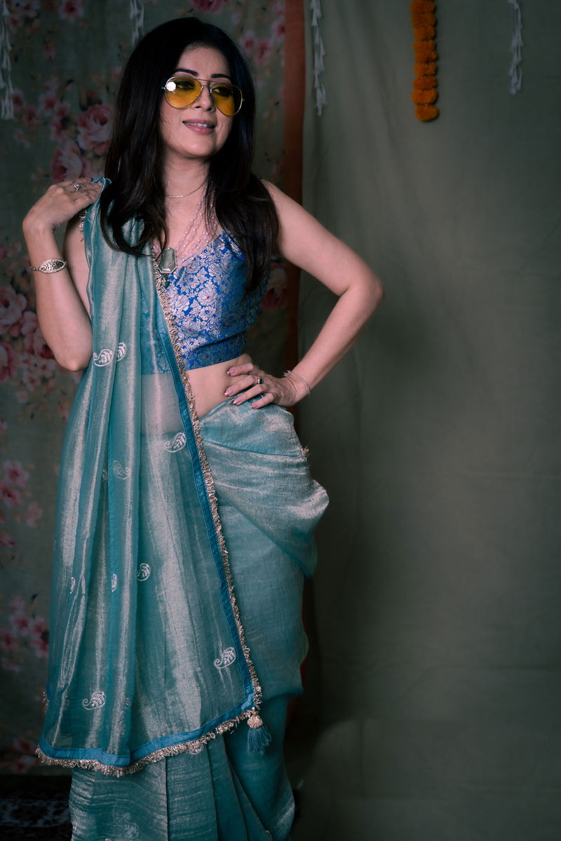 Light Aqua Blue Crushed Tissue Organza Saree with Handwork