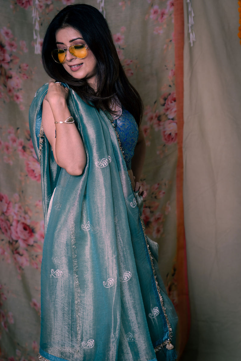 Light Aqua Blue Crushed Tissue Organza Saree with Handwork