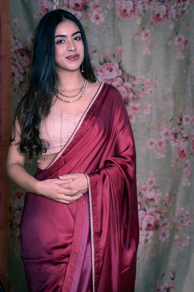 Wine Maroon Satin Silk Saree