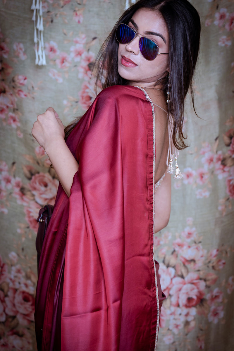 Wine Maroon Satin Silk Saree