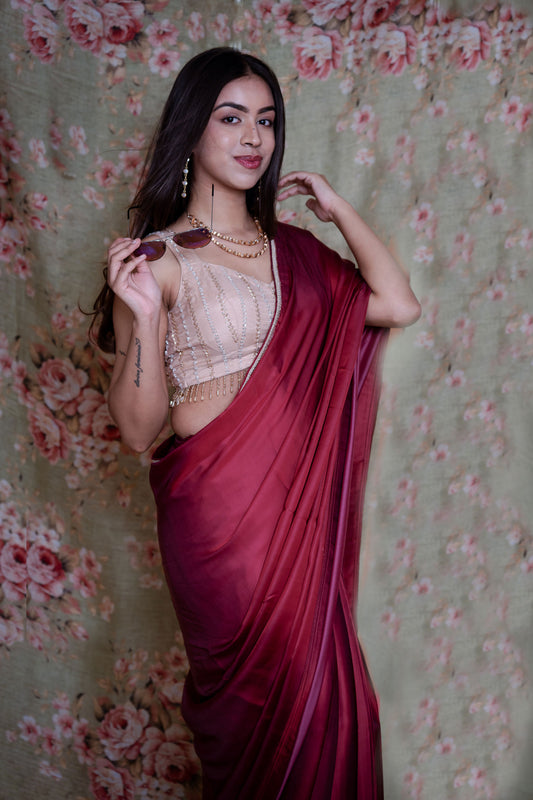 Wine Maroon Satin Silk Saree