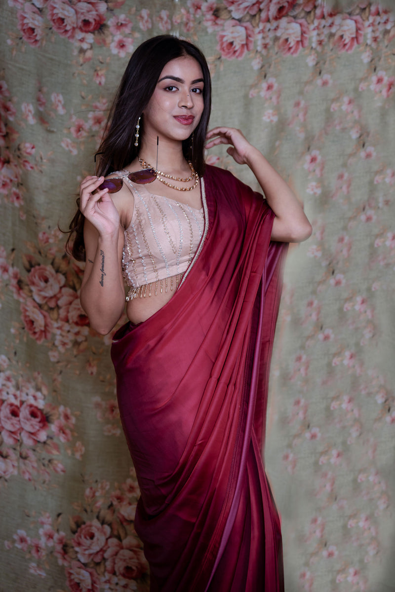Wine Maroon Satin Silk Saree