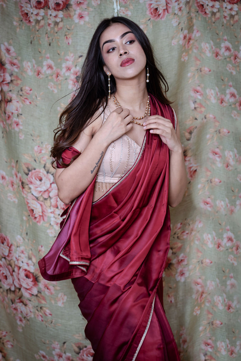 Wine Maroon Satin Silk Saree