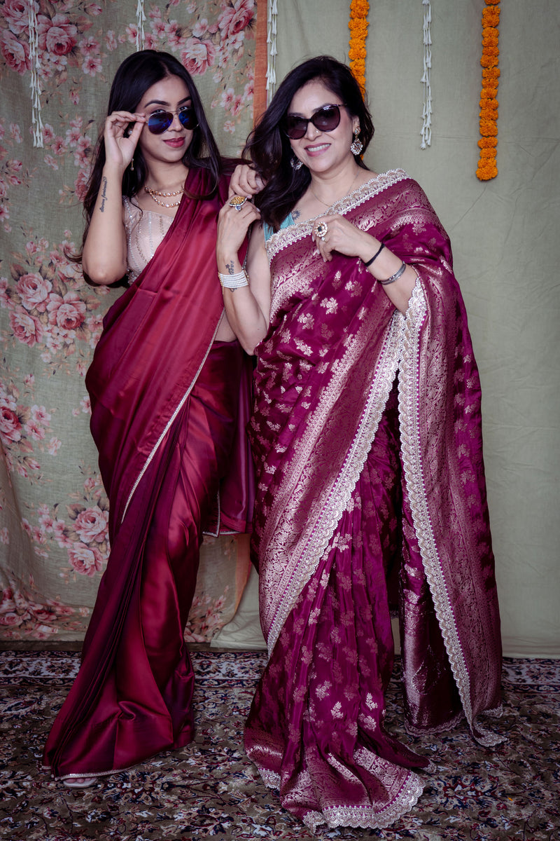 Wine Maroon Satin Silk Saree