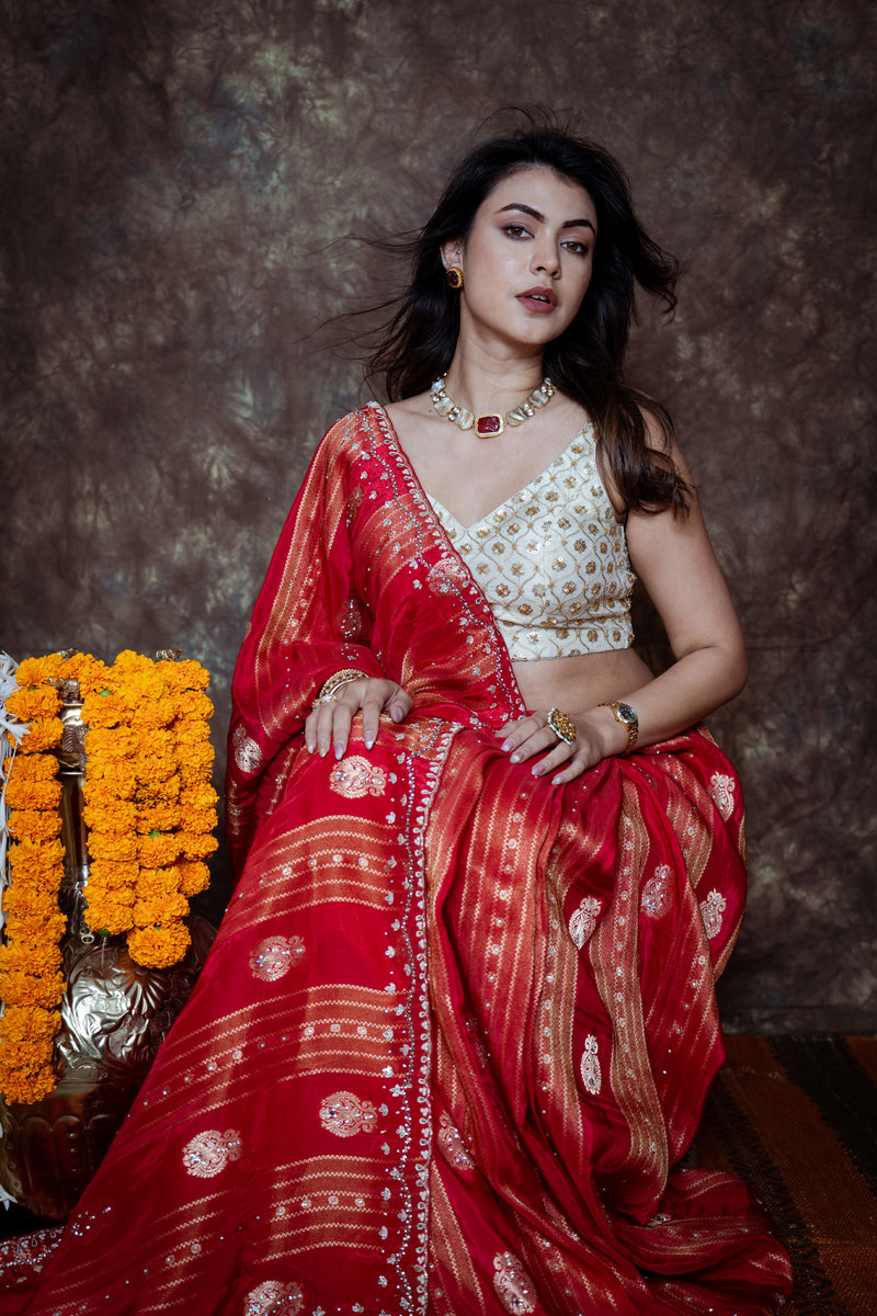Rich Bridal Red with Antique Gold Zari Weaving, Silver-Gold Handwork