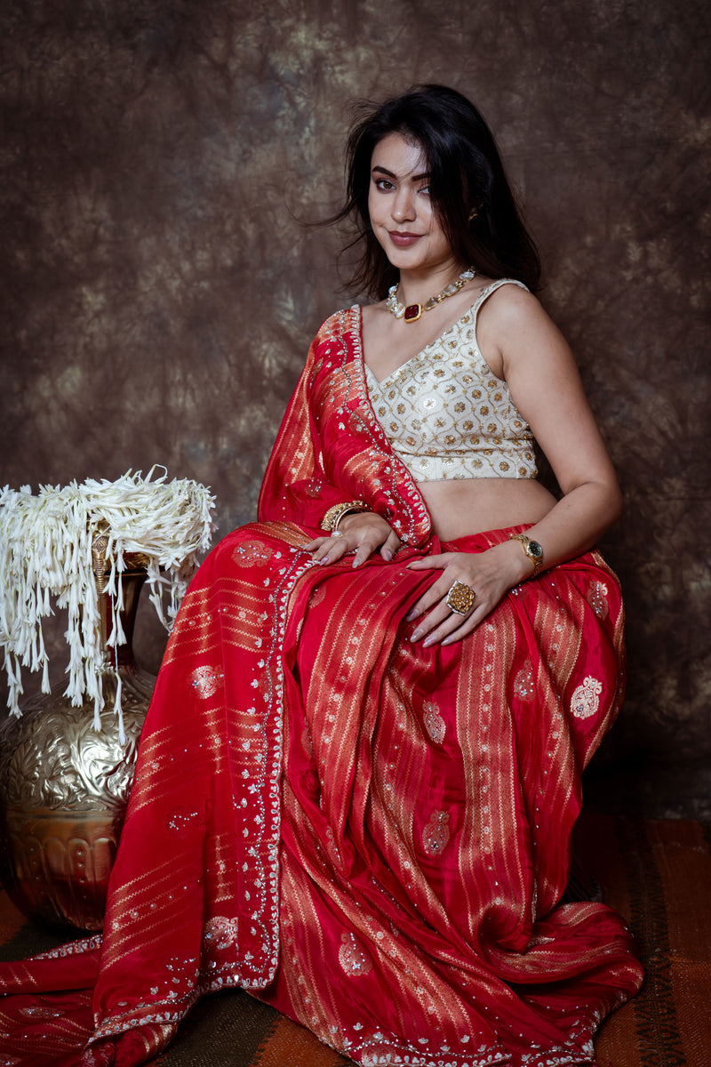 Rich Bridal Red with Antique Gold Zari Weaving, Silver-Gold Handwork