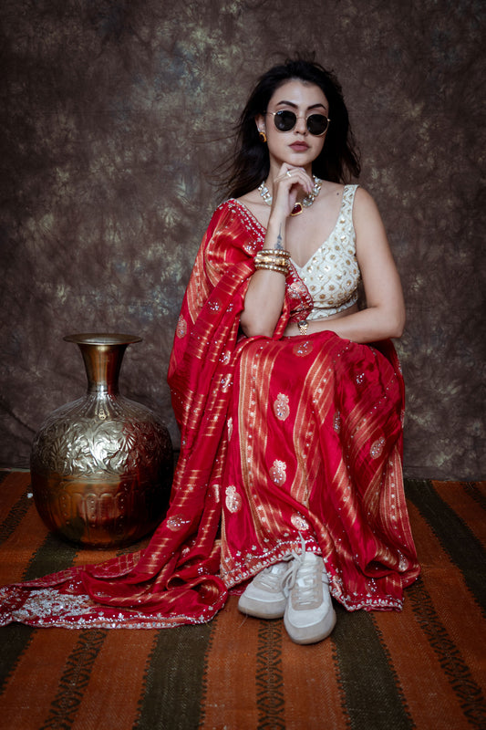 Rich Bridal Red with Antique Gold Zari Weaving, Silver-Gold Handwork