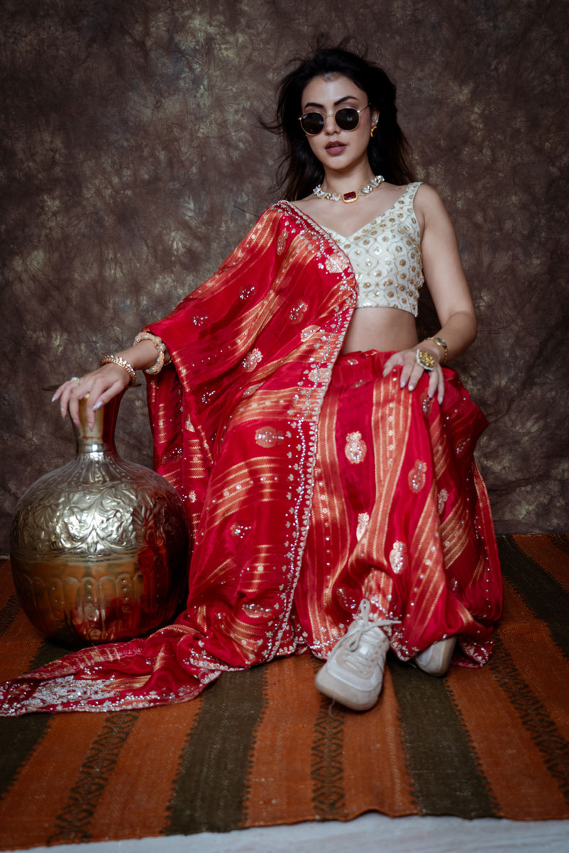 Rich Bridal Red with Antique Gold Zari Weaving, Silver-Gold Handwork