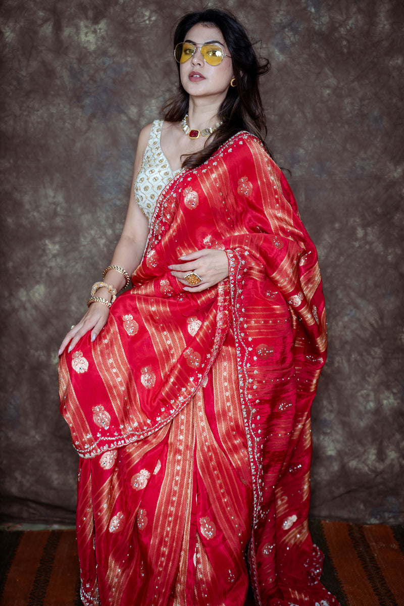 Rich Bridal Red with Antique Gold Zari Weaving, Silver-Gold Handwork