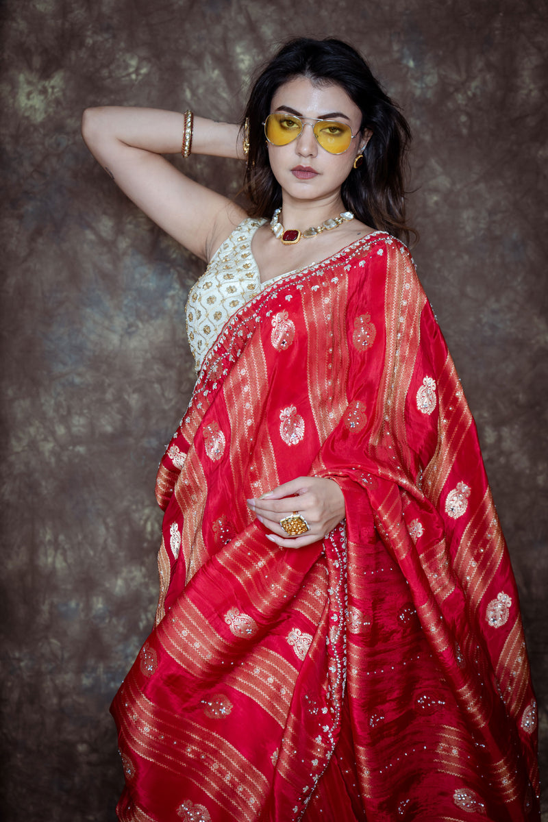 Rich Bridal Red with Antique Gold Zari Weaving, Silver-Gold Handwork