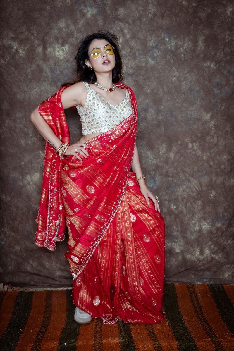 Rich Bridal Red with Antique Gold Zari Weaving, Silver-Gold Handwork