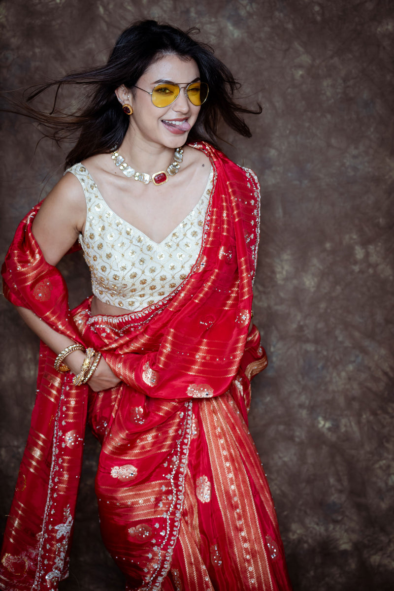 Rich Bridal Red with Antique Gold Zari Weaving, Silver-Gold Handwork