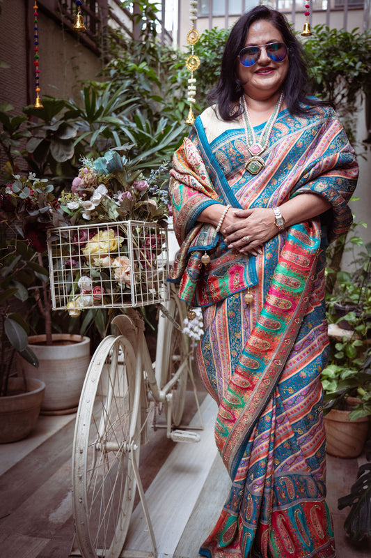 Multicolour Dola Banarasi Silk Saree with Turquoise Blue, Pink and Green Paisley Weaving and Handwork – Faburra