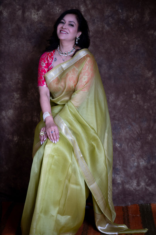 Pista Green Pure Kora Organza Banarasi Silk Saree
