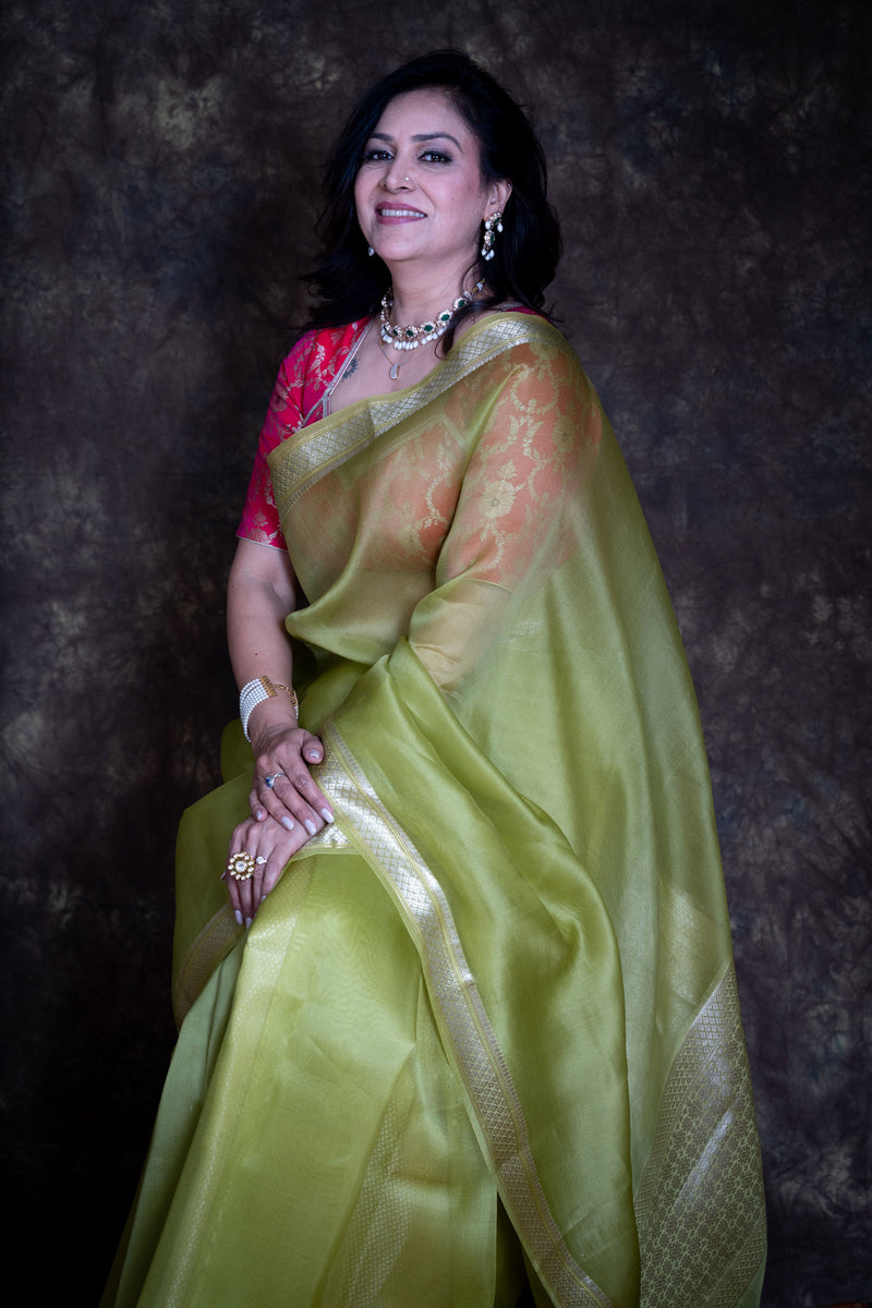 Pista Green Pure Kora Organza Banarasi Silk Saree