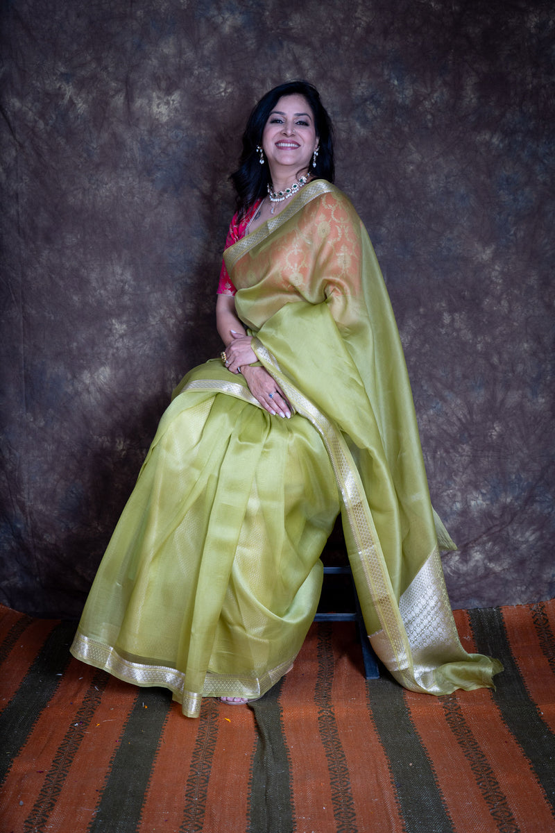 Pista Green Pure Kora Organza Banarasi Silk Saree