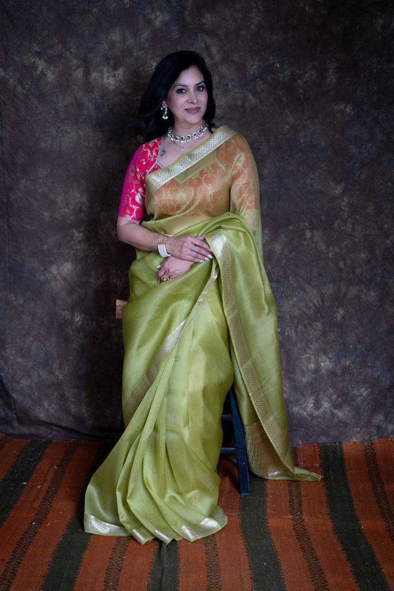 Pista Green Pure Kora Organza Banarasi Silk Saree