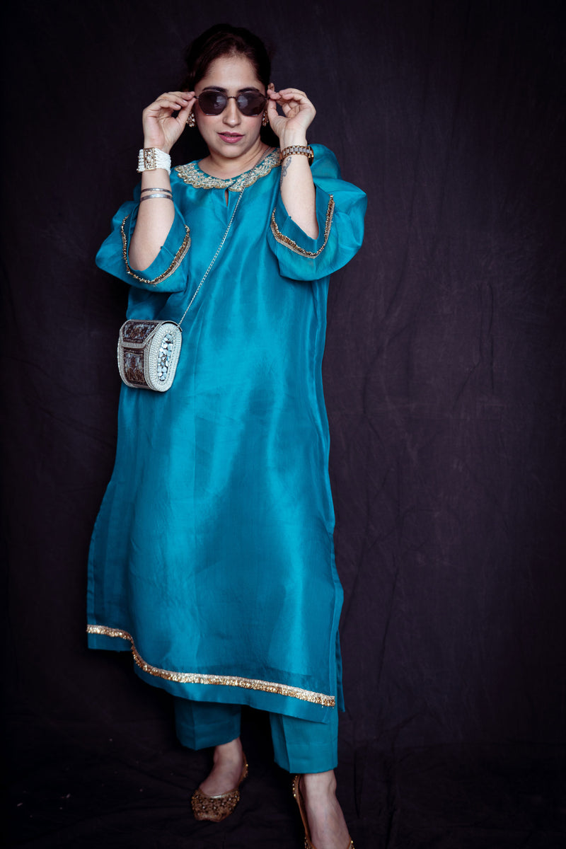 Statement Pure Organza Peacock Blue Set with Gold Embroidered Neckline