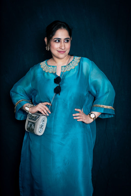 Statement Pure Organza Peacock Blue Set with Gold Embroidered Neckline