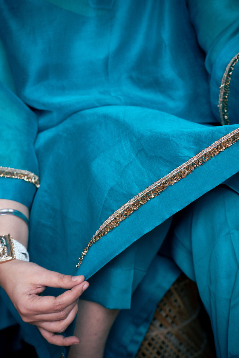 Statement Pure Organza Peacock Blue Set with Gold Embroidered Neckline