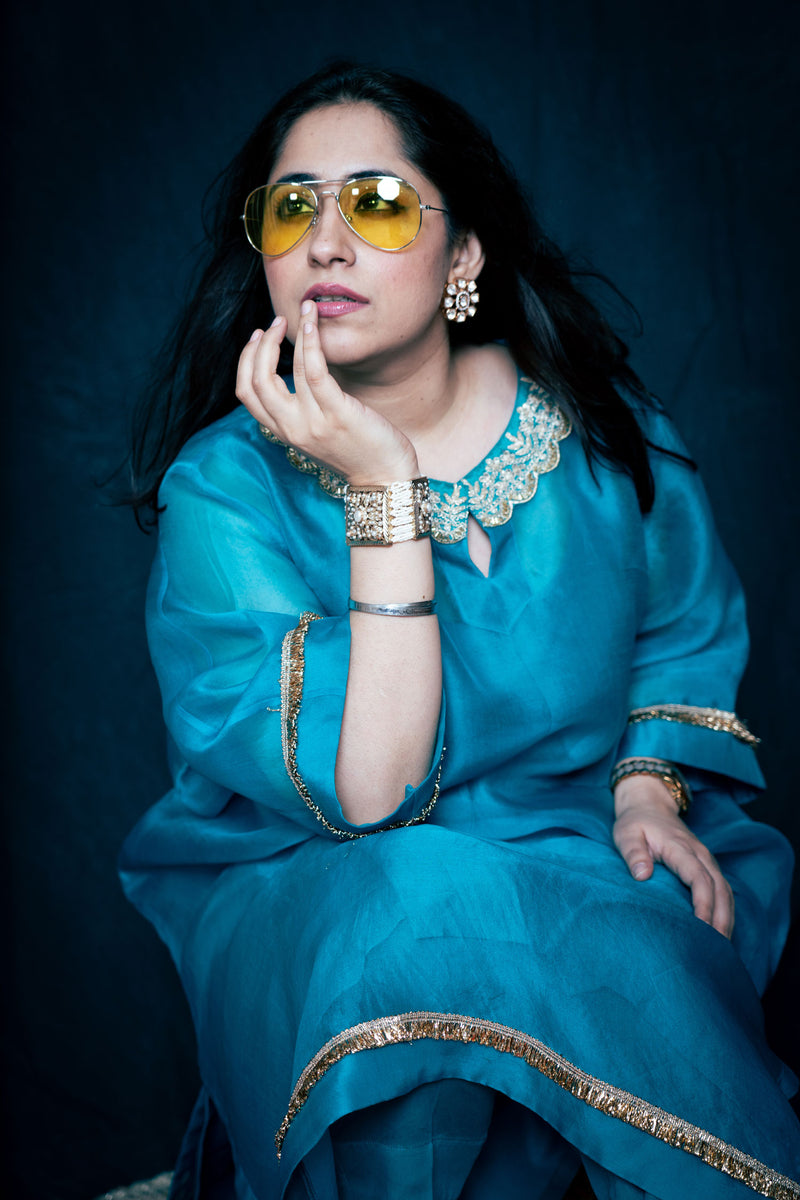 Statement Pure Organza Peacock Blue Set with Gold Embroidered Neckline