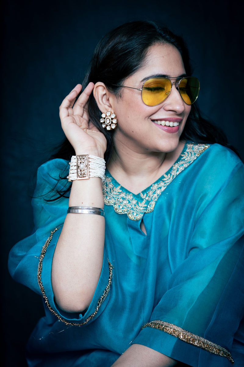 Statement Pure Organza Peacock Blue Set with Gold Embroidered Neckline