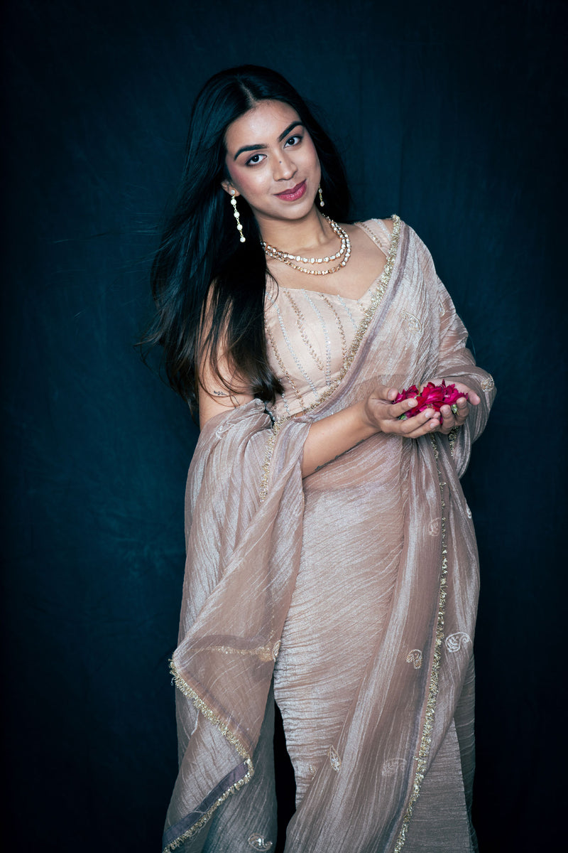 Golden Champagne Crush Tissue Organza Saree with Handwork