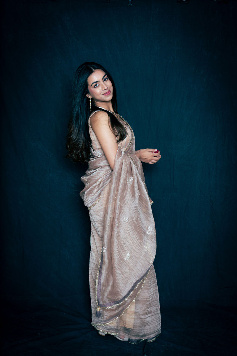 Golden Champagne Crush Tissue Organza Saree with Handwork