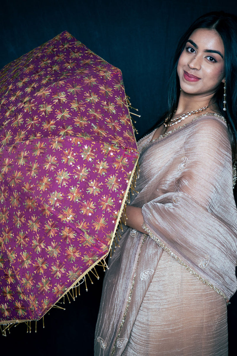 Golden Champagne Crush Tissue Organza Saree with Handwork