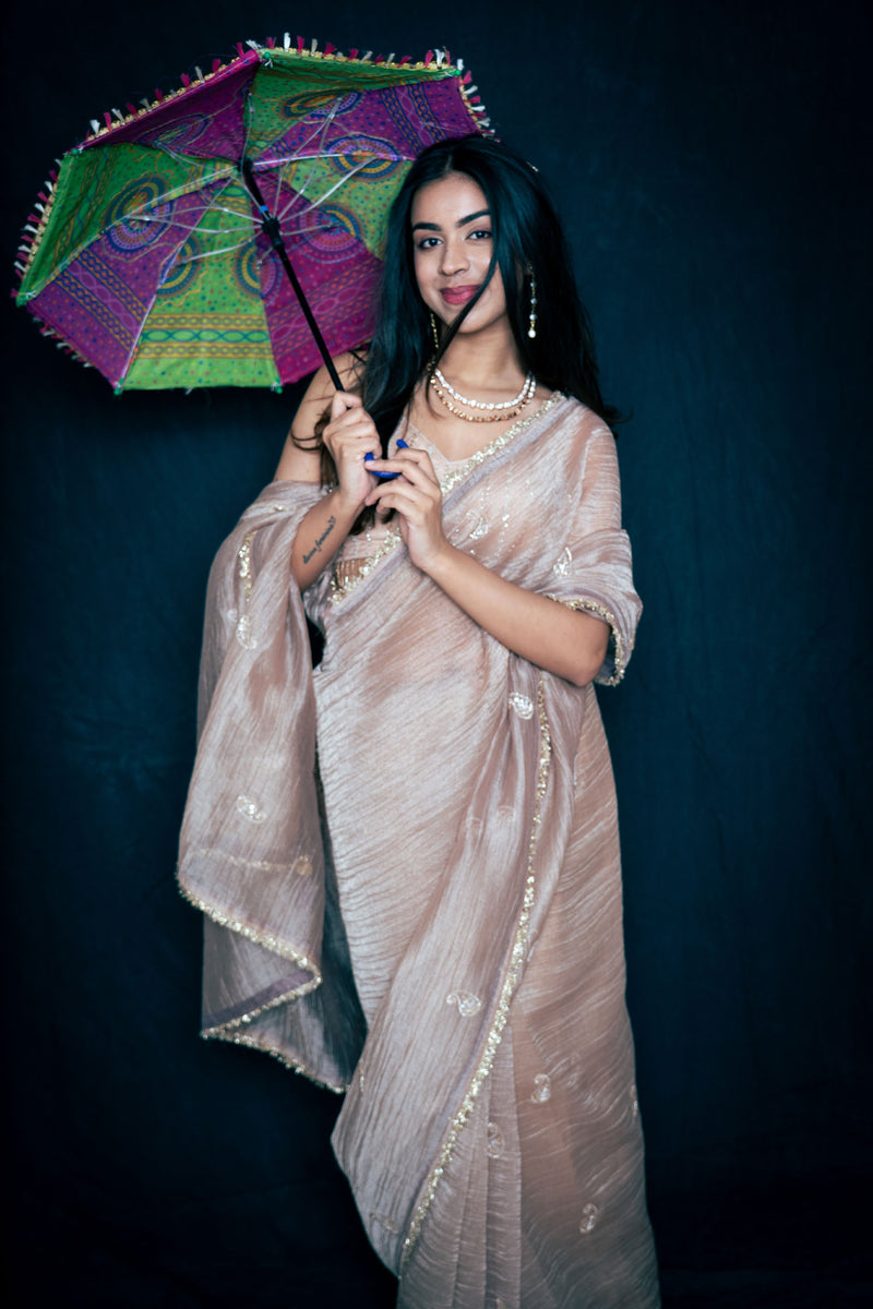 Golden Champagne Crush Tissue Organza Saree with Handwork