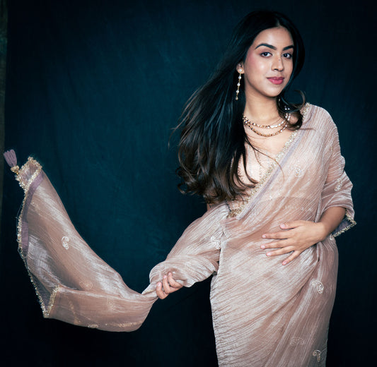 Golden Champagne Crush Tissue Organza Saree with Handwork